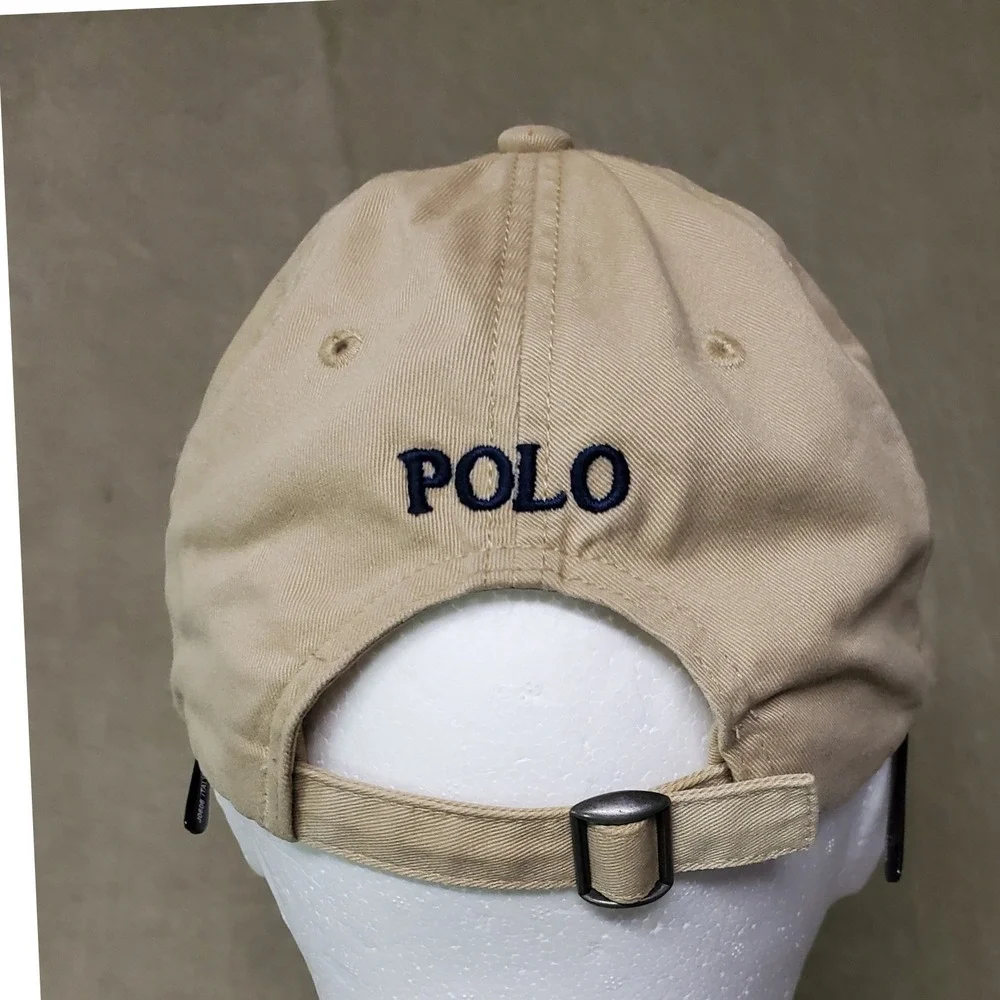 VTG 90s Polo Ralph Lauren Mens Tan Chino Cotton Baseball Cap Navy Pony Logo Hat